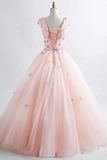 Promfast Pink Princess Blush Ball Gown 3D Floral Applique V Neck Boho Prom Quinceanera Dress HZ0527