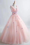 Promfast Pink Princess Blush Ball Gown 3D Floral Applique V Neck Boho Prom Quinceanera Dress HZ0527