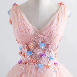 Promfast Pink Princess Blush Ball Gown 3D Floral Applique V Neck Boho Prom Quinceanera Dress HZ0527