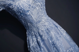 Promfast Chic High Neck Prom Dress Blue Short Sleeve Long Prom Dress Evening Dress HZ0527