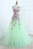 Promfast Beautiful A line Scoop Blue Long Prom Dress Floral Formal Dresses Evening Gowns HZ0527