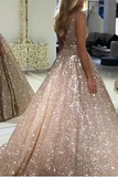 Promfast Chic A line V neck Long Sparkly Gold Prom Dresses Evening Dress HZ0527