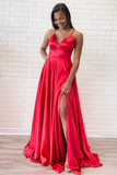 Promfast Simple Red Satin Halter V Neck A Line Sweep Train Long Prom Dress HZ0527