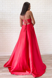 Promfast Simple Red Satin Halter V Neck A Line Sweep Train Long Prom Dress HZ0527