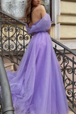 Promfast Chic A line Sparkly Off the shoulder Purple Prom Dress Tulle Evening Dress With Split Front HZ0527