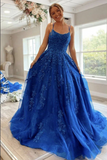 Promfast Blue Tulle Lace A line Scoop Lace Up Long Prom Dresses, Evening Gown HZ0527
