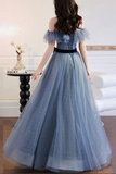 Promfast Grey Blue Tulle A line Off Shoulder Prom Dresses, Long Formal Dresses HZ0527