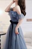 Promfast Grey Blue Tulle A line Off Shoulder Prom Dresses, Long Formal Dresses HZ0527