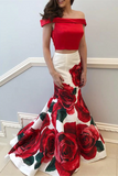Promfast Mermaid Prom Dresses Off the shoulder Red Floral Two Pieces Prom Dress Evening Dress HZ0527