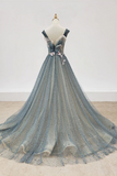 Promfast Chic A line Gray Blue V neck Long Beaded Prom Dress Tulle Floral Evening Party Dress HZ0527