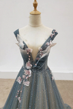 Promfast Chic A line Gray Blue V neck Long Beaded Prom Dress Tulle Floral Evening Party Dress HZ0527