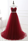 Promfast Chic A line Sweetheart Burgundy Tulle Simple Sleeveless Long Prom Dress Evening Dress HZ0527