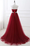 Promfast Chic A line Sweetheart Burgundy Tulle Simple Sleeveless Long Prom Dress Evening Dress HZ0527