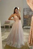Promfast Cheap A line Spaghetti Straps V neck Prom Dress Long Applique Tulle Evening Dresses HZ0527