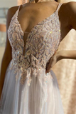 Promfast Cheap A line Spaghetti Straps V neck Prom Dress Long Applique Tulle Evening Dresses HZ0527