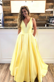 Promfast A Line V Neck Yellow Prom Dresses, Yellow V Neck Formal Graduation Evening Dresses HZ0527