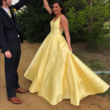 Promfast A Line V Neck Yellow Prom Dresses, Yellow V Neck Formal Graduation Evening Dresses HZ0527