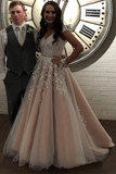 Promfast Chic V Neck Vintage Lace Applique Prom Dress Plus Size Champagne Prom Dress HZ0527