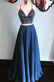 Promfast A line Spaghetti Strap Floor Length Satin Two Piece Prom Dresses HZ0527