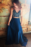 Promfast A line Spaghetti Strap Floor Length Satin Two Piece Prom Dresses HZ0527