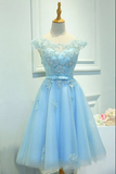 Promfast Light Blue Capped Sleeve Short Prom Dress, Mid Back Appliques Homecoming Dress HZ0527