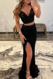 Promfast Two Piece Black Sequin Mermaid Tassle Long Prom Gown Evening Dress HZ0527
