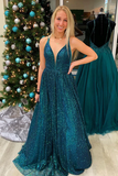 Promfast Glitter A Line Teal Long Prom Dress with Spaghetti Straps HZ0527