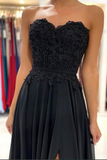 Promfast Black Chiffon Lace A line Sweetheart Prom Dresses, Long Formal Dress HZ0527