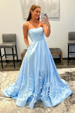 Promfast A line Strapless Sky Blue Floral Long Prom Dresses Formal Dresses HZ0527