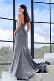 Promfast Sheath Column Sparkly Spaghetti Straps Silver Grey Prom Dress Evening Dress With Split HZ0527