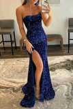 Promfast Burgundy Strapless Mermaid Sequined Long Prom Dress with Slit, Formal Evening Gown HZ0527