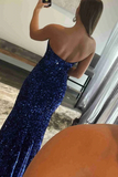 Promfast Burgundy Strapless Mermaid Sequined Long Prom Dress with Slit, Formal Evening Gown HZ0527
