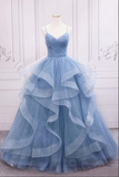 Promfast Shiny Blue Tulle A line Spaghetti Straps Long Prom Dresses, Evening Gown HZ0527