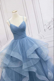 Promfast Shiny Blue Tulle A line Spaghetti Straps Long Prom Dresses, Evening Gown HZ0527