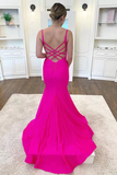 Promfast Hot Pink Satin V Neck Backless Mermaid Prom Dress,Formal Evening Gown HZ0527