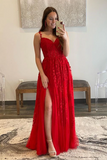 Promfast A Line V Neck Red Lace Long Prom Dresses, Red Lace Long Formal Graduation Dresses HZ0527