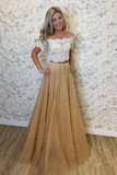 Promfast Two Piece Lace Tulle Prom Dresses With Beaded, Off the Shoulder Evening Gown HZ0527