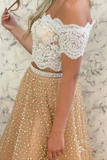 Promfast Two Piece Lace Tulle Prom Dresses With Beaded, Off the Shoulder Evening Gown HZ0527