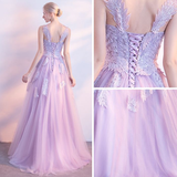 Promfast Chic Lilac Prom Dress A line Applique Modest Long Prom Dress Evening Dress HZ0527
