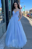 Promfast Twinkly A Line Sky Blue Tulle Long Prom Dress, Party Gown for Sale HZ0527