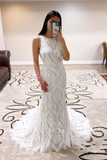 Promfast Sheath Lace Wedding Dress Open Back Bridal Dress With Court Train HZ0527
