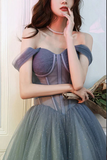 Promfast Gray Blue Tulle A line Sweetheart Neck Long Prom Dresses, Evening Dresses HZ0527
