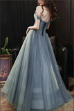 Promfast Gray Blue Tulle A line Sweetheart Neck Long Prom Dresses, Evening Dresses HZ0527
