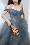 Promfast Gray Blue Tulle A line Sweetheart Neck Long Prom Dresses, Evening Dresses HZ0527