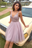 Promfast V Neck Open Back Blush Pink Sequin Short Prom Homcoming Dress HZ0527
