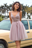 Promfast V Neck Open Back Blush Pink Sequin Short Prom Homcoming Dress HZ0527