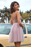 Promfast V Neck Open Back Blush Pink Sequin Short Prom Homcoming Dress HZ0527