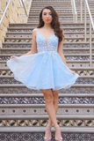 Promfast Cute V Neck Light Blue Lace Floral Short Prom Homecoming Dresses HZ0527