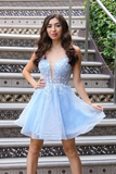 Promfast Cute V Neck Light Blue Lace Floral Short Prom Homecoming Dresses HZ0527