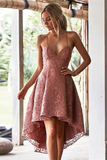 Promfast A Line Spaghetti Straps High Low Blush Lace Short Prom Dress Homecoming Dress HZ0527